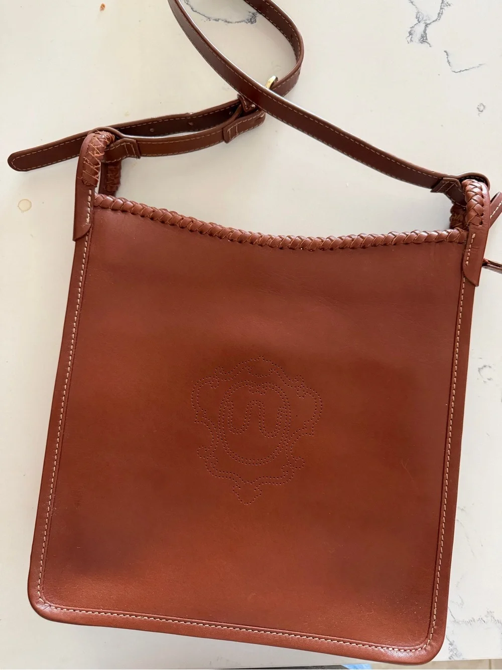 King Ranch Braided Trim Crossbody Tote in Warm Brown Leather